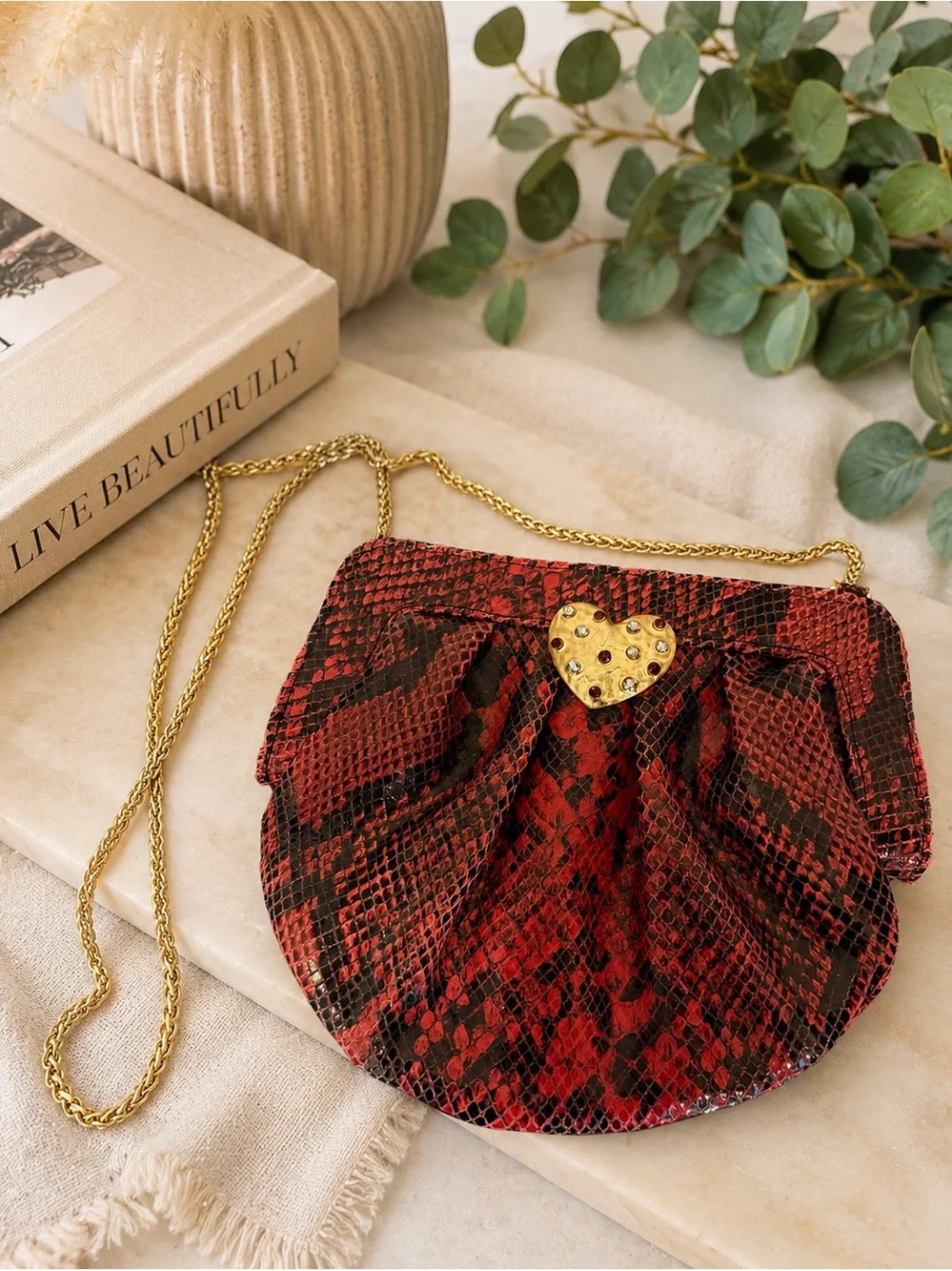 ❤️ Zara Red Snakeskin Crossbody Clutch | Gold Chain & Heart Clasp Purse